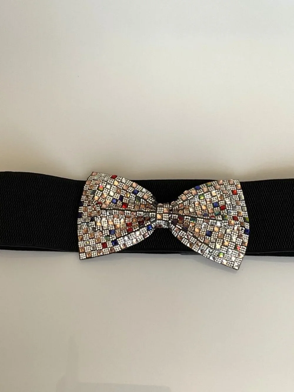 NWT Y2K Glam Multicolor Rhinestone Bow Elastic Waist Belt Black M/L Party